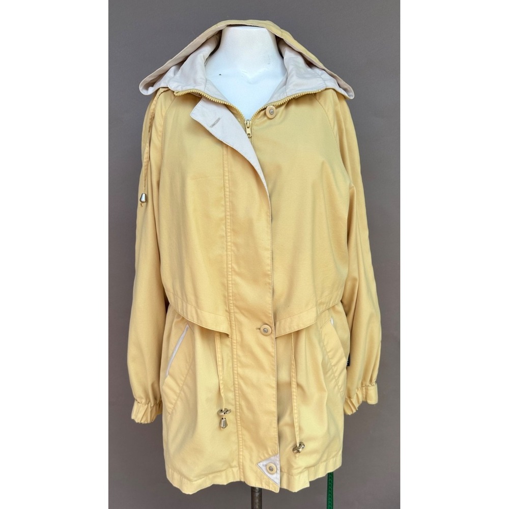 IZZI Windbreaker Rain Jacket Yellow Womens M Hooded Pockets Full Zip Drawstring